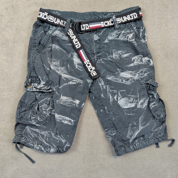 Ecko Unltd Mens 34 Cargo Shorts Black Marble Baggy Y2K Streetwear With Logo Belt — photo 2